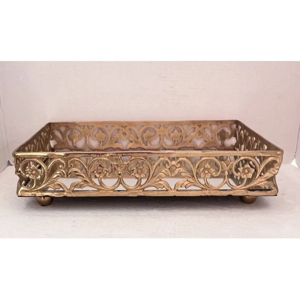 Footed Mirror Tray LG Gold Vanity Filigree Scroll Floral 12
